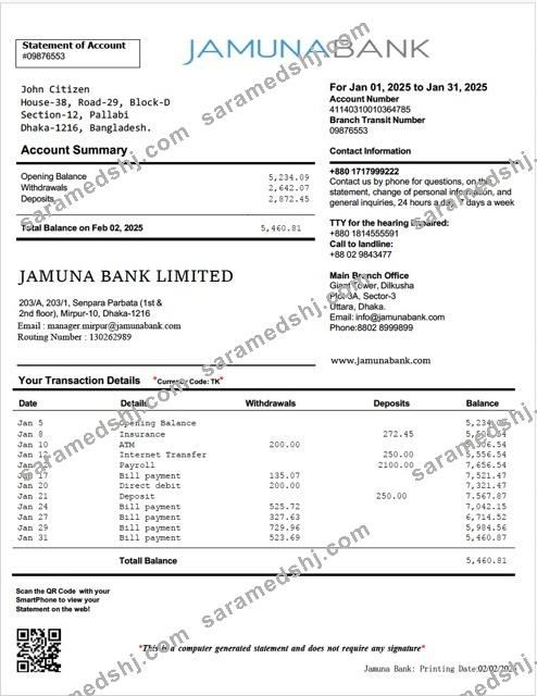 Bangladesh Jamuna Bank statement of account Word and PDF template
